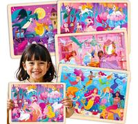 QUOKKA Puzzle Madera Niños 3 4 5 Años - 4x24 Piezas Puzzle Unicornio Montessori - Juego Educativo en Madera con Sirenas Princesas y Unicornios - Regalo para Niños y Niñas 6 7 8 Años