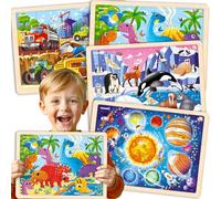 QUOKKA Puzzle Madera Niños 3 4 5 Años - 4x36 Piezas Puzzle Dinosaurios - Juegos Educativos con Espacio Dinosaurios Transporte y Animales Polares - Regalo para Niños y Niñas 6 7 8 Años