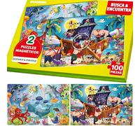 Quokka Rompecabezas Magnéticos para Niños de 4 5 6 Años - 2 Set de 100 Piezas Puzzles - Buscar y Encontrar - Apto para Viajar con Animales Marinos y Piratas - Educativo Puzzle 5 Años