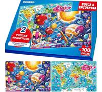 QUOKKA Rompecabezas Magnéticos para Niños de 4 5 6 Años - 2 Set de 100 Piezas Puzzles - Buscar y Encontrar - Apto para Viajar con Mapas del Cosmos y del Mundo - Educativo Puzzle 5 Años
