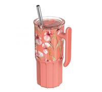 Quokka Vaso Umi Floral Coral 720ml - Funda Silicona Antideslizante - Pajita Acero Inoxidable - Asa Ergonómica
