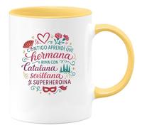 quotedazur - Taza Divertida Contigo aprendí que hermana rima con catalana, sevillana y superheroína - Regalo Regalo hermana, taza familia Para Mujer
