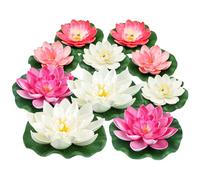 QUOZUO 10 flores flotantes de espuma artificial de loto de 3 tamaños con almohadilla de nenúfares para el hogar, jardín, estanque, piscinas, decoración de agua, rosa y blanco