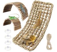 QUOZUO Accesorios para tanque de dragón barbudo, paquete de 3 hamacas de hábitat para reptiles, pasto marino natural y puente flexible de madera natural para escalada, cangrejo ermitaño, lagarto