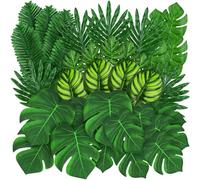 QUOZUO Decoraciones para Fiesta Tropical, 50 Piezas de 7 Tipos de Hojas de Palmera Artificiales, Hojas de Monstera Verde de la Selva con Tallo para Fiesta Luau Hawaiana de la Selva, Boda, Cumpleaños