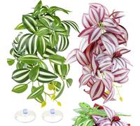QUOZUO Paquete de 2 plantas de reptiles para terrario, hojas artificiales, decoraciones de hábitat con ventosas, plantas colgantes de terrario, vides para dragones barbudos, lagartos, serpientes