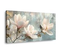 QUSAAOU Abstracto Flores de magnolia blanca fondo azul gris PatróN Estilo Abstracto Pintura Cuadro Pared Lienzo Para Salon DéCor Dormitorio Oficina Pasillo Cocina BañO（Blanco-50x100cm1 Enmarcado