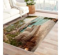 QUSAAOU Alfombra Dorada y Azul, diseño de Playa Tropical, Que no se desprende y es fácil de cuidar, Interior/Exterior y Lavable - para el Comedor en casa Sala de Estar dormitorio-150x180cm