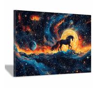 QUSAAOU Animal Lienzos Decorativos Caballo galaxia con luna y estrellas Cuadro Sobre Moderno Dormitorio Cocina Cuadros Pared ImáGenes Wall Art Prints Decor Canvas （Azul-40x60cm1 Enmarcado