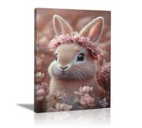 QUSAAOU Animal Lienzos Decorativos Conejito con diadema floral extenso campo rosado Cuadro Sobre Lienzo Moderno Dormitorio Cocina Cuadros Pared ImáGenes Wall Art Prints Decor Canvas -20x30cmSin marco