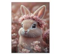QUSAAOU Animal Lienzos Decorativos Conejito con diadema floral extenso campo rosado Cuadro Sobre Lienzo Moderno Dormitorio Cocina Cuadros Pared ImáGenes Wall Art Prints Decor Canvas -40x60cmSin marco