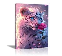 QUSAAOU Animal Lienzos Decorativos Leopardo con rosas rosadas destellos luminosos Cuadro Sobre Lienzo Moderno Dormitorio Cocina Cuadros Pared ImáGenes Wall Art Prints Decor Canvas -70x100cm1 Enmarcado