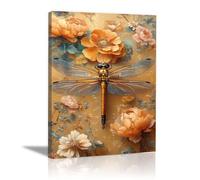 QUSAAOU Animal Lienzos Decorativos Libélula dorada alas azules sobre fondo vegetal Cuadro Sobre Lienzo Moderno Dormitorio Cocina Cuadros Pared ImáGenes Wall Art Prints Decor Canvas -20x30cmSin marco