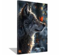 QUSAAOU Animal Lienzos Decorativos Lobo con mariposa naranja en nieve Cuadro Sobre Lienzo Moderno Dormitorio Cocina Cuadros Pared ImáGenes Wall Art Prints Decor Canvas Grande（Gray-40x60cm1 Enmarcado
