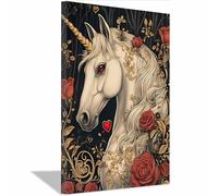 QUSAAOU Animal Lienzos Decorativos Unicornio rosas rojas oro fantasía Cuadro Sobre Lienzo Moderno Dormitorio Cocina Cuadros Pared ImáGenes Wall Art Prints Decor Canvas Grande（Negro-20x30cm1 Enmarcado
