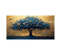 QUSAAOU Arte En Lienzo Naturaleza Árbol de la Vida azul mariposas doradas fondo dorado Lienzo Moderna Ambiente Relajante Para Sala Estar Dormitorio Oficina Hogar ContemporáNeo -20x40cmSin marco