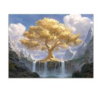 QUSAAOU Arte En Lienzo Naturaleza Árbol dorado mágico cascada cordilleras Lienzo Moderna Ambiente Relajante Para Sala Estar Dormitorio Oficina Hogar ContemporáNeo（Oro-40x60cm1 Sin marco
