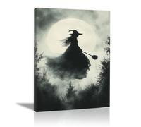 QUSAAOU Arte Pared Moda Bruja silueta escoba luna llena bosque Moderno Pinturas Para Pared Dormitorio Decoracion Estilo Vintage Para DecoracióN Para Sala Estar Dormitorio BañO（gris-70x100cmEnmarcado