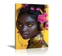 QUSAAOU Cuadro Lienzo Auriculares dorados rosas tiernas fusión música naturaleza Material Tejido Cuadros Decoracion Modernos Lienzos - ReproduccióN Retrato Mujer Flores Colorido -40x60cm1 Enmarcado
