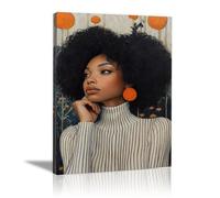 QUSAAOU Cuadro Lienzo Mujer afro pendientes circulares naranjas Material Tejido Cuadros Decoracion Salon Modernos Lienzos-ReproduccióN Retrato Mujer Flores Colorido（naranja-30x45cm1 Enmarcado