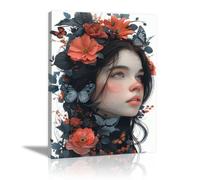 QUSAAOU Cuadro Lienzo Mujer flor mariposa retrato Material Tejido Cuadros Decoracion Salon Modernos Lienzos-ReproduccióN Retrato Mujer Flores Colorido（coral-70x100cm1 Sin marco
