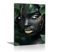 QUSAAOU Cuadro Lienzo Mujer maquillaje goteo dorado hojas verdes retrato ImpresióN En Material Tejido No Tejido Cuadros Decoracion Salon Modernos Lienzos-ReproduccióN Retrato Mujer -70x100cmEnmarcado