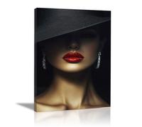 QUSAAOU Cuadros Salon Modernos Mujer sombrero ancho labios rojos brillantes Para Dormitorios Cuadro Decorativos De Salon Lienzos Decorativo Pared Comedor Decoracion Pasillo -30x45cmEnmarcado