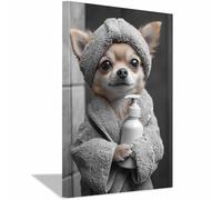 QUSAAOU Decoracion Modernos Chihuahua en bata con jabón Lienzo Impreso Con Animales De PerióDico, DecoracióN De BañO De CabañA, Pintura De Pared De BañEra（Gray-70x100cm1 Enmarcado