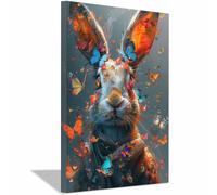 QUSAAOU Decoracion Modernos Conejo rodeado mariposas coloridas Lienzo Impreso Con Animales De PerióDico,DecoracióN De BañO De CabañA,Pintura De Pared De BañEra（Gris-60x90cm Enmarcado