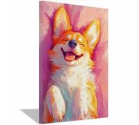 QUSAAOU Decoracion Modernos Corgi feliz retrato mascota abstracto colorido Lienzo Impreso Con Animales De PerióDico, DecoracióN De BañO De CabañA, Pintura De Pared De BañEra（Rosa-20x30cm1 Enmarcado