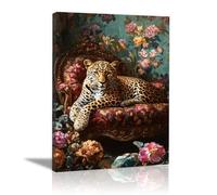 QUSAAOU Decoracion Modernos Felino en sillón elegante con flores de jardín Lienzo Impreso Con Animales De PerióDico, DecoracióN De BañO De CabañA, Pintura De Pared De BañEra -70x100cm1 Enmarcado