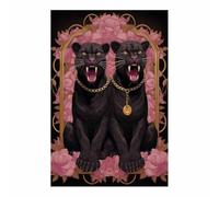QUSAAOU Decoracion Modernos Felinos negros con cadenas junto rosas rosadas Lienzo Impreso Con Animales De PerióDico,DecoracióN De BañO De CabañA,Pintura De Pared De BañEra（Negro-30x45cm Sin marco