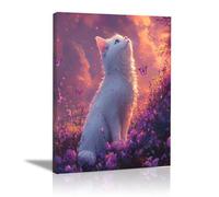 QUSAAOU Decoracion Modernos Gato blanco ojos azules entre flores atardecer Lienzo Impreso Con Animales De PerióDico, DecoracióN De BañO De CabañA, Pintura De Pared De BañEra（Blanco-30x45cm1 Enmarcado