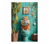 QUSAAOU Decoracion Modernos Gato leyendo noticias baño azulejos verdes Lienzo Impreso Con Animales De PerióDico,DecoracióN De BañO De CabañA,Pintura De Pared De BañEra（Verde cian-60x90cm Sin marco