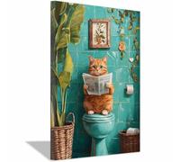 QUSAAOU Decoracion Modernos Gato leyendo noticias baño azulejos verdes Lienzo Impreso Con Animales De PerióDico,DecoracióN De BañO De CabañA,Pintura De Pared De BañEra（Verde cian-60x90cm Enmarcado