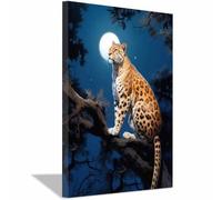 QUSAAOU Decoracion Modernos Leopardo arbóreo bajo luna llena brillante Lienzo Impreso Con Animales De PerióDico,DecoracióN De BañO De CabañA,Pintura De Pared De BañEra（Azul claro-20x30cm Enmarcado