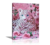 QUSAAOU Decoracion Modernos Leopardo claro collar perlas y gemas superpuesto Lienzo Impreso Con Animales De PerióDico, DecoracióN De BañO De CabañA, Pintura De Pared De BañEra（Rosa-70x100cm Enmarcado