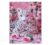 QUSAAOU Decoracion Modernos Leopardo claro collar perlas y gemas superpuesto Lienzo Impreso Con Animales De PerióDico, DecoracióN De BañO De CabañA, Pintura De Pared De BañEra（Rosa-40x60cm Sin marco