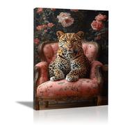 QUSAAOU Decoracion Modernos Leopardo descansa silla madera tapizada floral Lienzo Impreso Con Animales De PerióDico, DecoracióN De BañO De CabañA, Pintura De Pared De BañEra（Rosa-20x30cm Enmarcado
