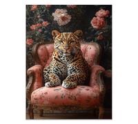 QUSAAOU Decoracion Modernos Leopardo descansa silla madera tapizada floral Lienzo Impreso Con Animales De PerióDico, DecoracióN De BañO De CabañA, Pintura De Pared De BañEra（Rosa-70x100cm Sin marco