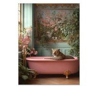 QUSAAOU Decoracion Modernos Leopardo en bañera rosa con plantas y mural floral Lienzo Impreso Con Animales De PerióDico, DecoracióN De BañO De CabañA, Pintura De Pared De BañEra -30x45cm1 Sin marco
