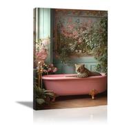 QUSAAOU Decoracion Modernos Leopardo en bañera rosa con plantas y mural floral Lienzo Impreso Con Animales De PerióDico, DecoracióN De BañO De CabañA, Pintura De Pared De BañEra -20x30cm1 Enmarcado
