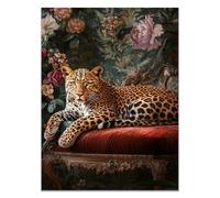 QUSAAOU Decoracion Modernos Leopardo en silla terciopelo rojo flores antiguas Lienzo Impreso Con Animales De PerióDico, DecoracióN De BañO De CabañA, Pintura De Pared De BañEra（Rojo-30x45cm Sin marco