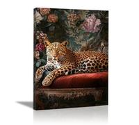 QUSAAOU Decoracion Modernos Leopardo en silla terciopelo rojo flores antiguas Lienzo Impreso Con Animales De PerióDico, DecoracióN De BañO De CabañA, Pintura De Pared De BañEra -70x100cm Enmarcado