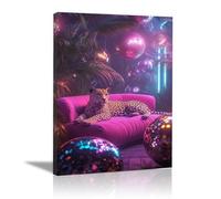 QUSAAOU Decoracion Modernos Leopardo en sofá rosa con luces retro y neón Lienzo Impreso Con Animales De PerióDico, DecoracióN De BañO De CabañA, Pintura De Pared De BañEra（Rosa-30x45cm1 Enmarcado