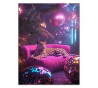QUSAAOU Decoracion Modernos Leopardo en sofá rosa con luces retro y neón Lienzo Impreso Con Animales De PerióDico, DecoracióN De BañO De CabañA, Pintura De Pared De BañEra（Rosa-30x45cm1 Sin marco