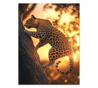 QUSAAOU Decoracion Modernos Leopardo salvaje trepa árbol sabana atardecer Lienzo Impreso Con Animales De PerióDico, DecoracióN De BañO De CabañA, Pintura De Pared De BañEra（Naranja-70x100cm Sin marco