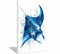 QUSAAOU Decoracion Modernos Mantarraya azul acuarela Lienzo Impreso Con Animales De PerióDico, DecoracióN De BañO De CabañA, Pintura De Pared De BañEra（Blue-20x30cm1 Enmarcado