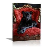 QUSAAOU Decoracion Modernos Pantera manchada negra sillón antiguo terciopelo Lienzo Impreso Con Animales De PerióDico, DecoracióN De BañO De CabañA, Pintura De Pared De BañEra（Rojo-20x30cm Enmarcado