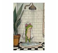 QUSAAOU Decoracion Modernos Rana divertida en baño de ducha Lienzo Impreso Con Animales De PerióDico, DecoracióN De BañO De CabañA, Pintura De Pared De BañEra（Verde-40x60cm1 Sin marco
